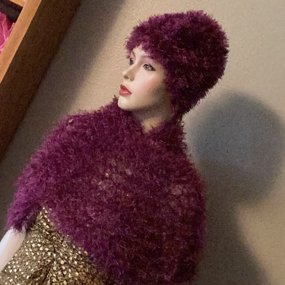 Wine colored hand knitted set of wrap and hat